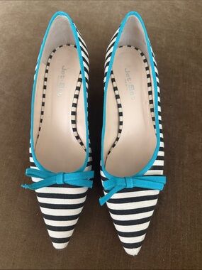 Jet-Set Striped Pointed Flats in Black, White & Turquoise